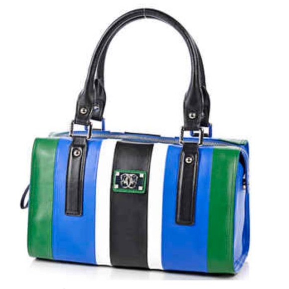 SATCHEL, LEATHER, STRIKING BLUE-GREEN-WHITE-BLACK, TOP ZIP CLOSURE, TWIN LEATHER - Picture 1 of 12
